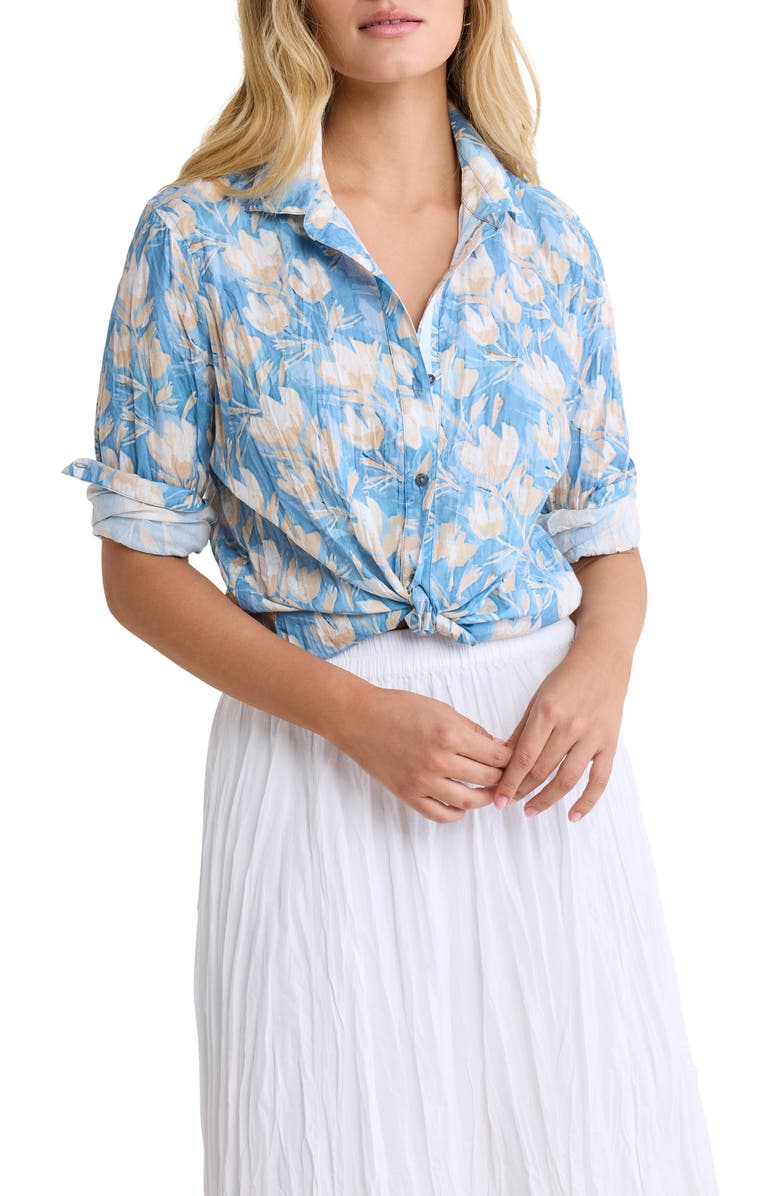 nz BY NIC AND ZOE Shadow Floral Core Crinkle Cotton Button-Up Shirt, Main, color, Blue Multi