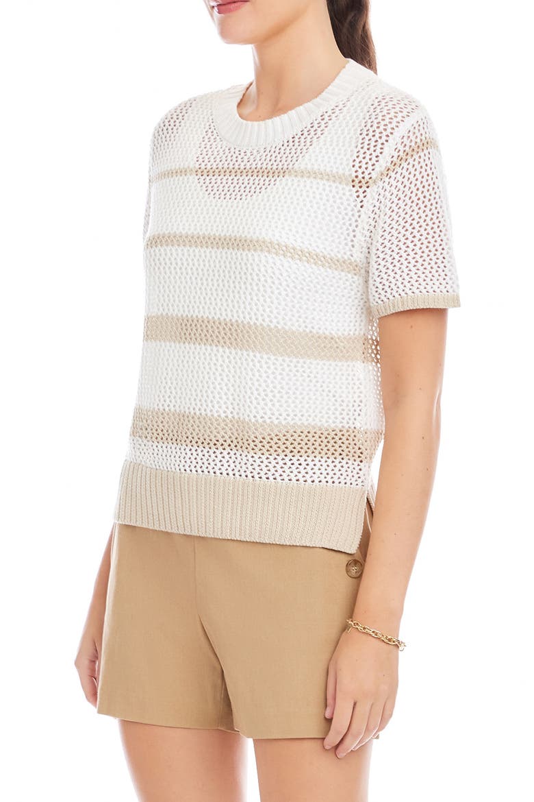 Faye Stripe Short Sleeve Mesh Stitch Sweater, Alternate, color, CREAM/ KHAKI