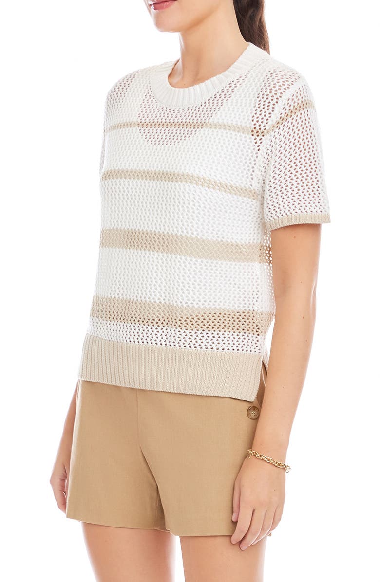 FIFTEEN TWENTY Faye Stripe Short Sleeve Mesh Stitch Sweater, Alternate, color, Cream/ Khaki