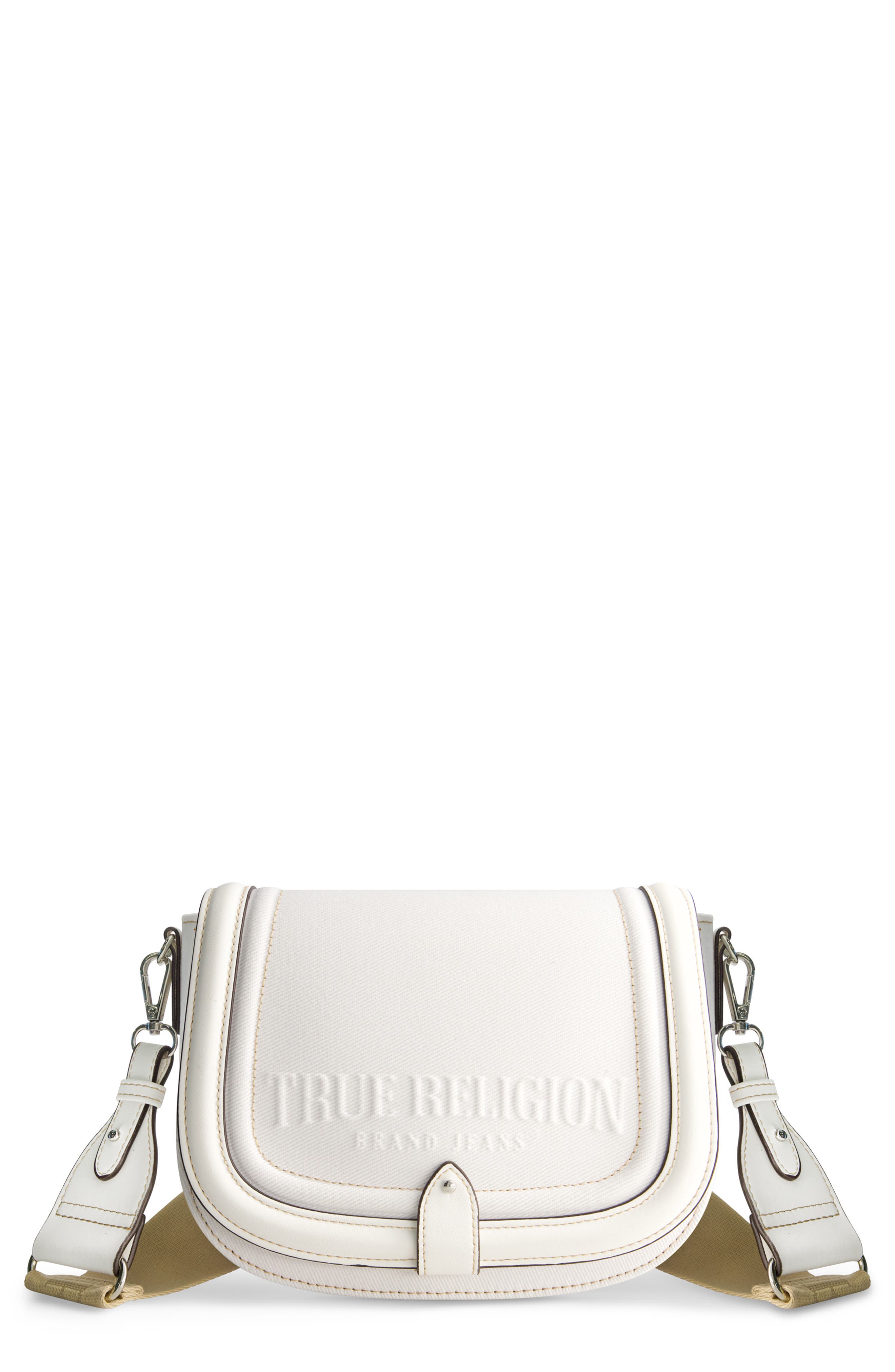 Distressed Logo Denim Saddle Bag, Main, color, WHITE