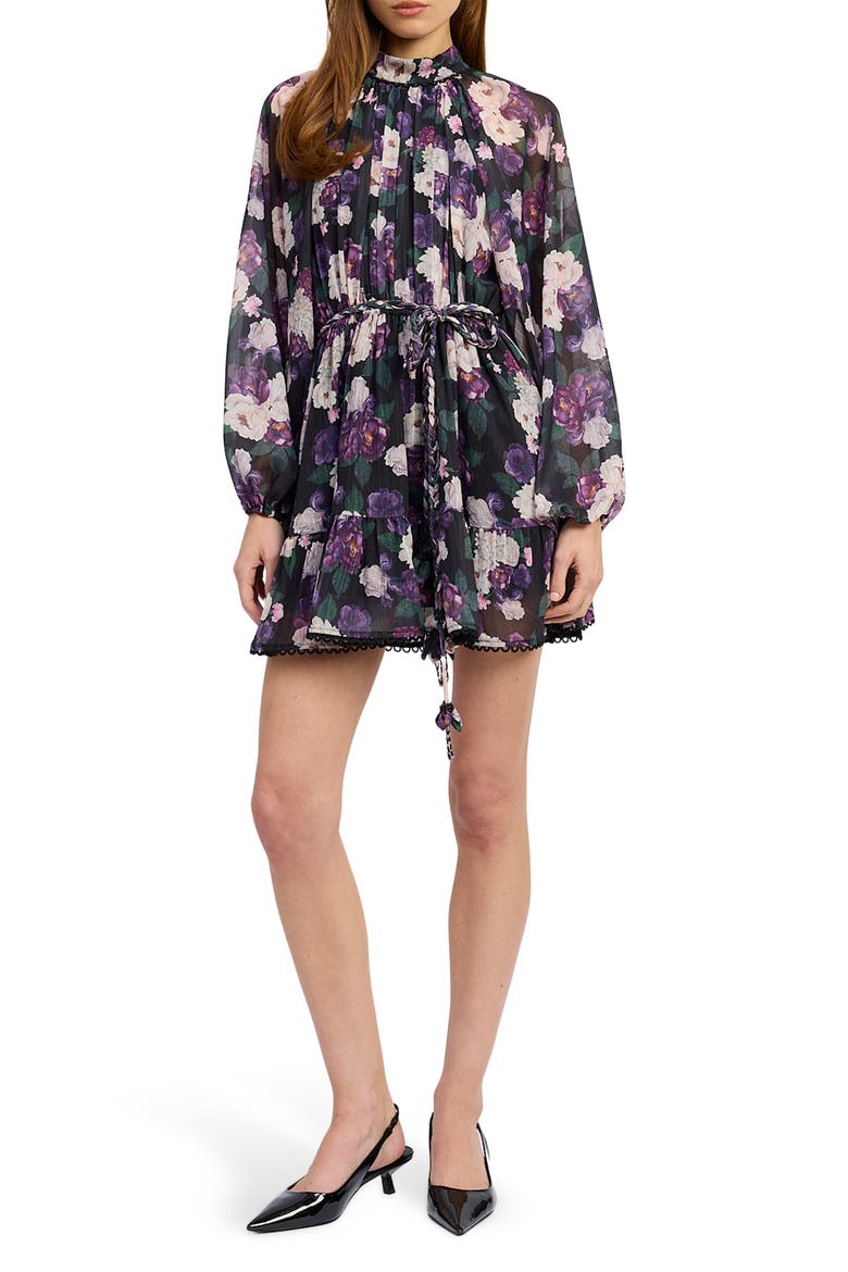 Jasmine Floral Long Sleeve Chiffon Minidress, Main, color, BLACK PURPLE MAUVE