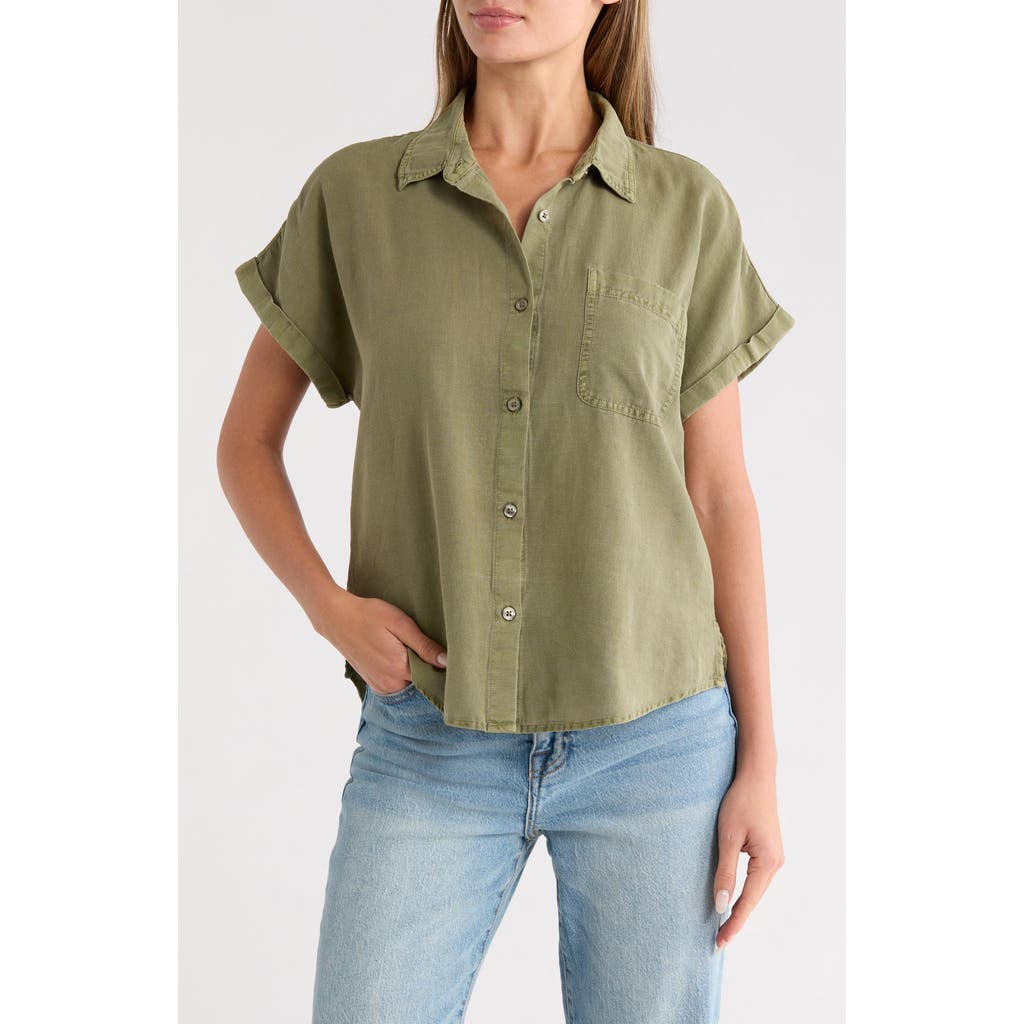 Lucky Brand Rolled Sleeve Button Front Closure Top In Green
