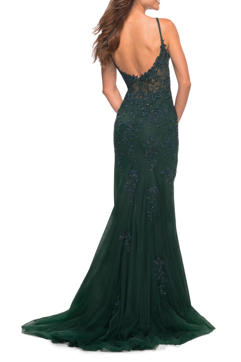 Lace Dress with High Side Slit and V Neckline, Alternate, color, Emerald