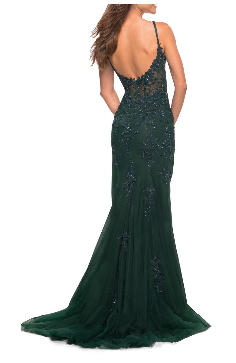 La Femme Lace Dress with High Side Slit and V Neckline, Alternate, color, Emerald