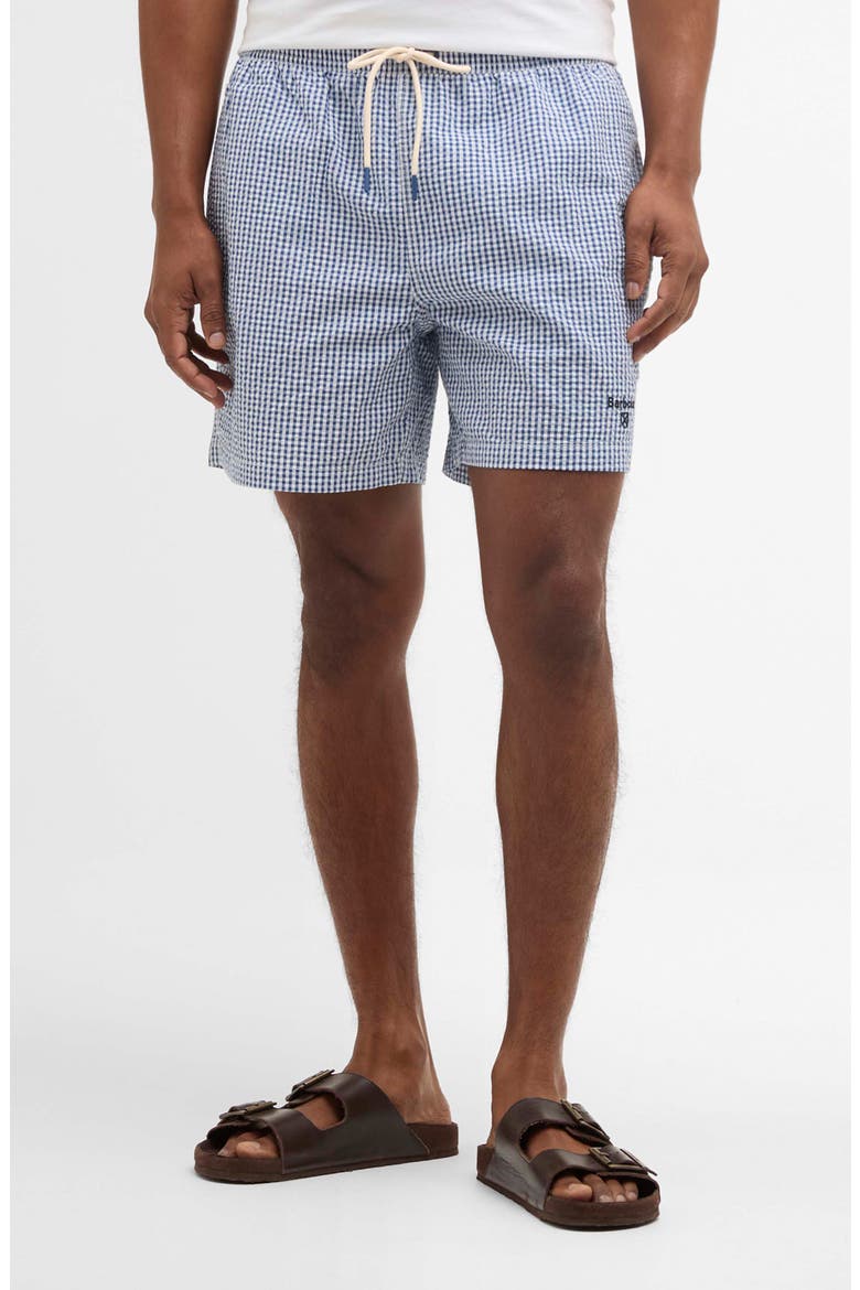 Gingham Seersucker Swim Trunks, Main, color, SAILBOAT BLUE