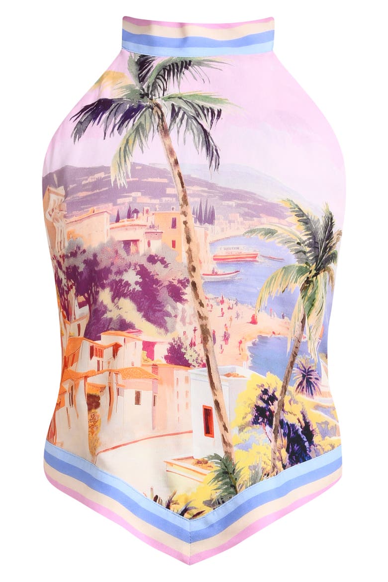 Kochi Postcard Print Halter Crop Cover-Up Top, Alternate, color, PINK MULTI