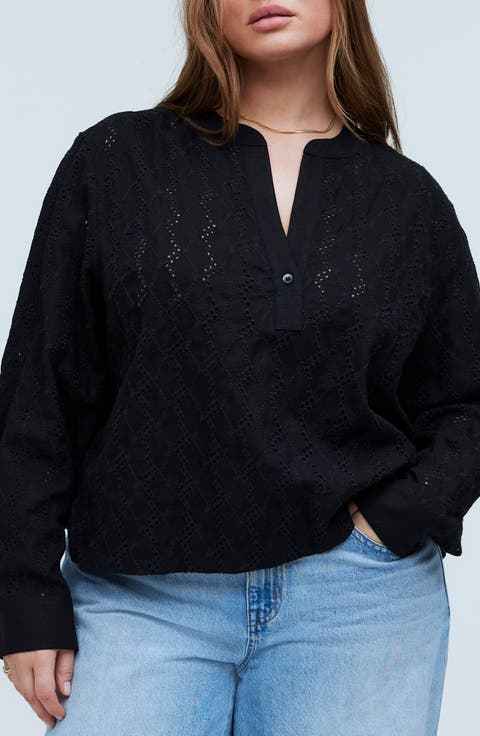 Long Sleeve Eyelet Top (Plus)