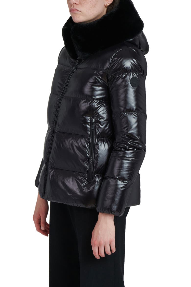 Water Resistant Nylon Down Puffer Coat with Faux Fur Trim, Alternate, color, BLACK