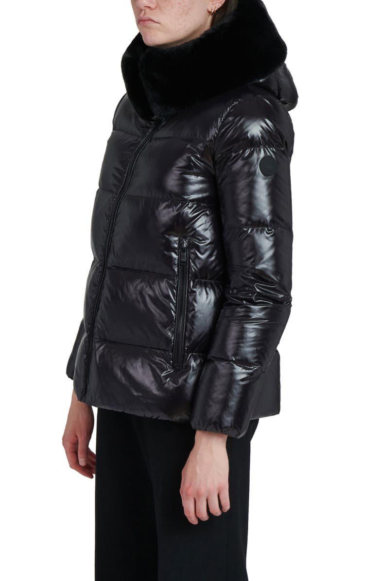 The Recycled Planet Company Water Resistant Nylon Down Puffer Coat with Faux Fur Trim, Alternate, color, Black
