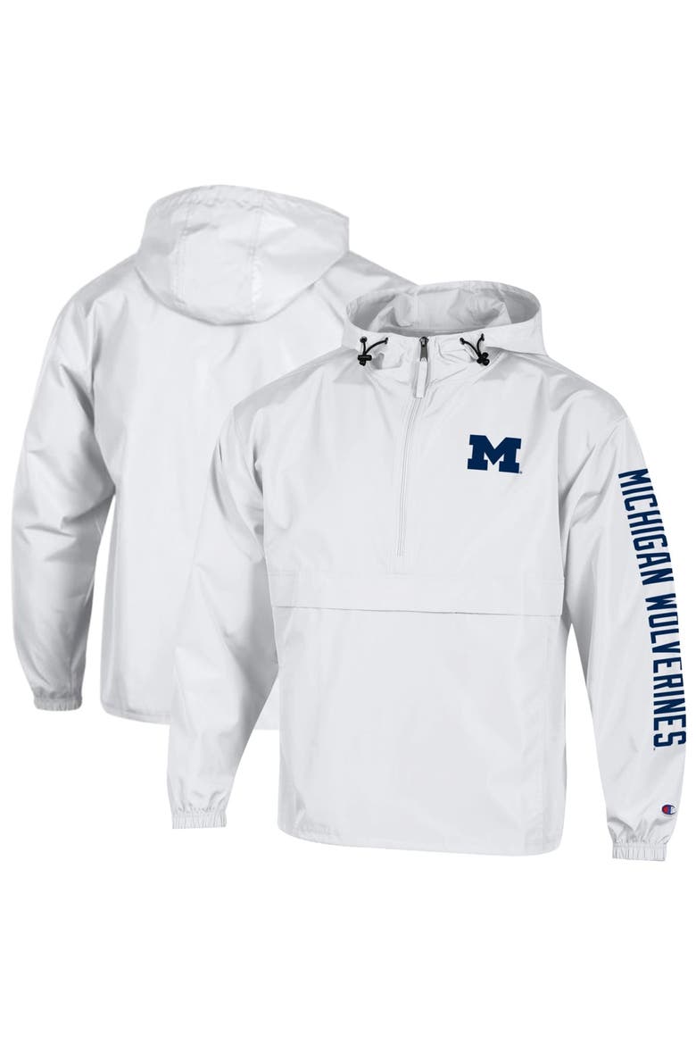 Men's Champion  White Michigan Wolverines Cloud Packable Half-Zip Hooded Jacket, Main, color, White