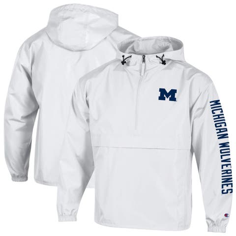Men's Champion  White Michigan Wolverines Cloud Packable Half-Zip Hooded Jacket
