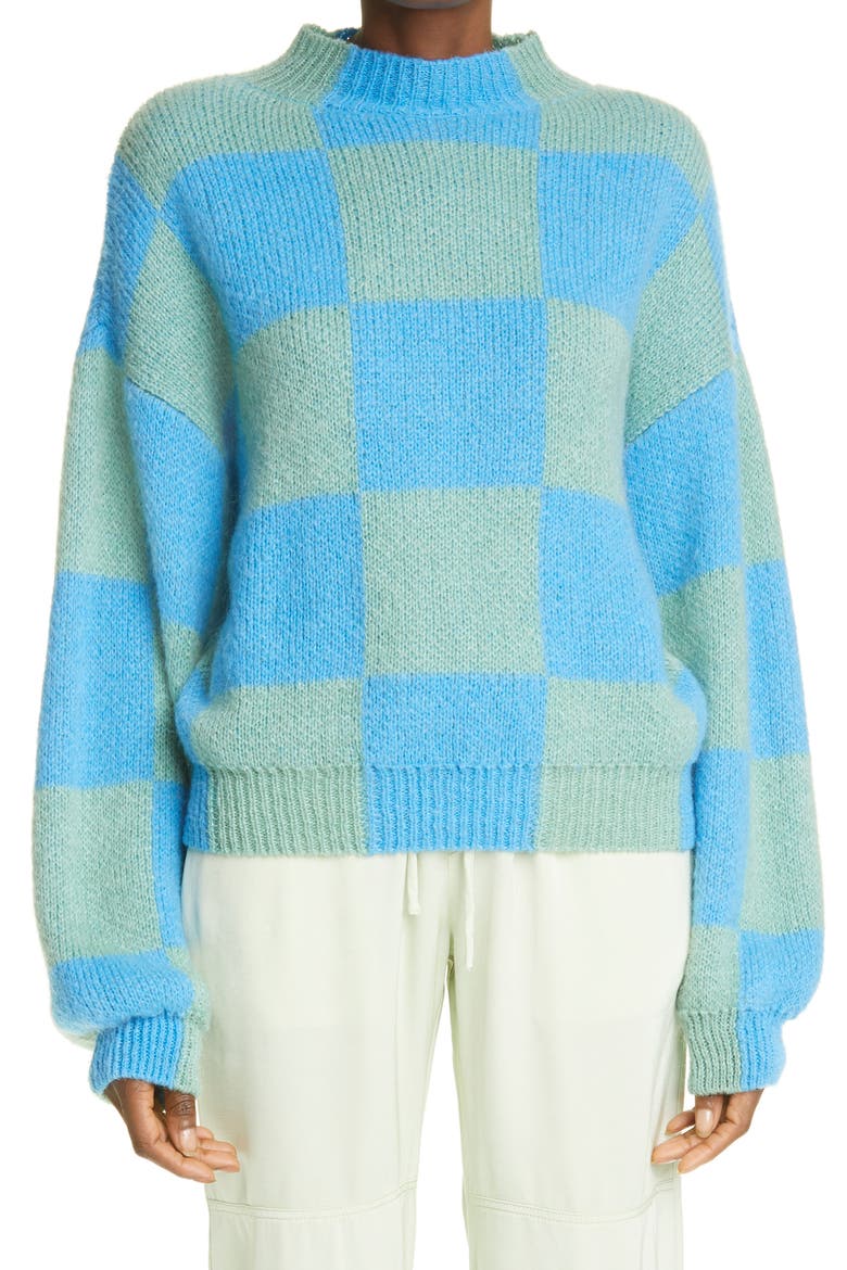 Adonis Checkerboard Balloon Sleeve Sweater, Main, color, AQUA