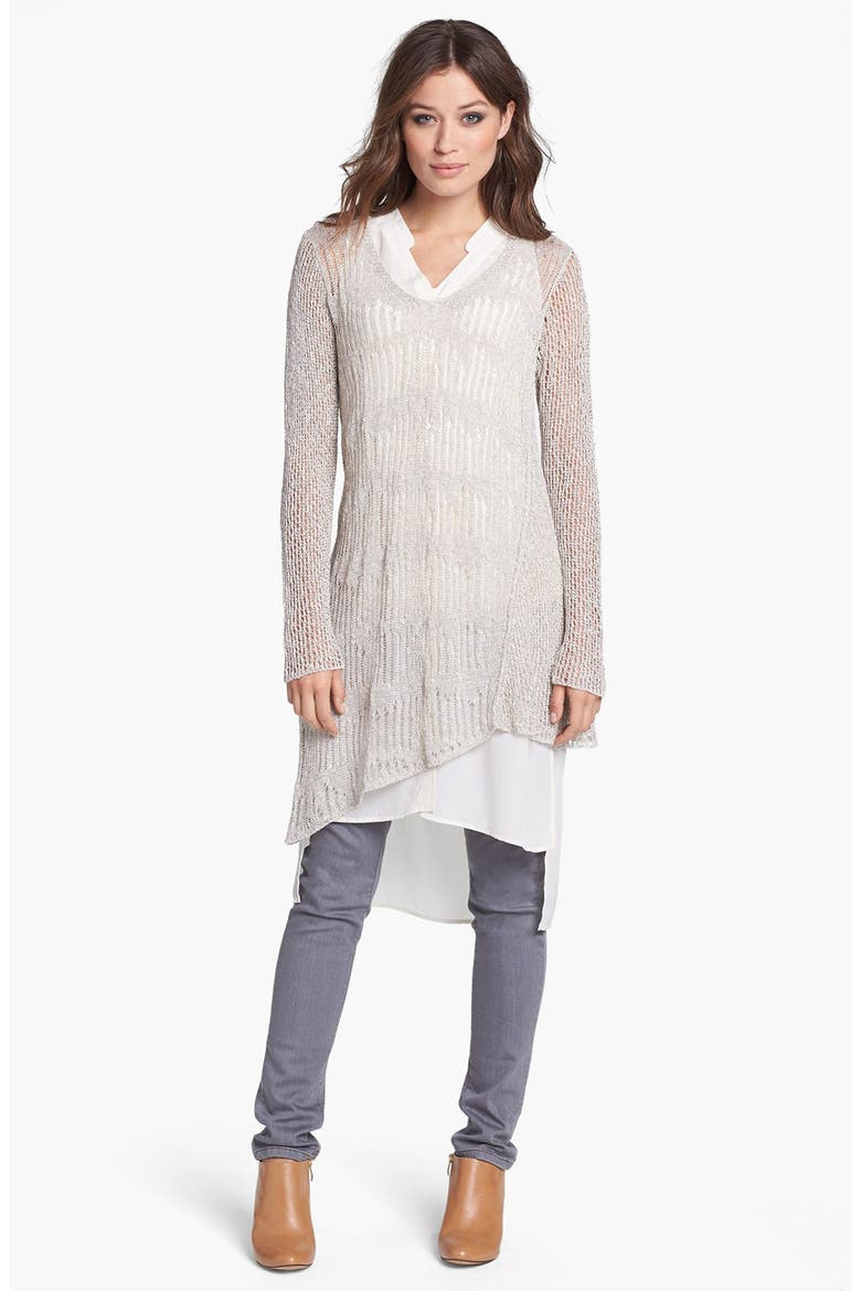 Silk Crepe V-Neck Tunic Dress, Alternate, color, BONE