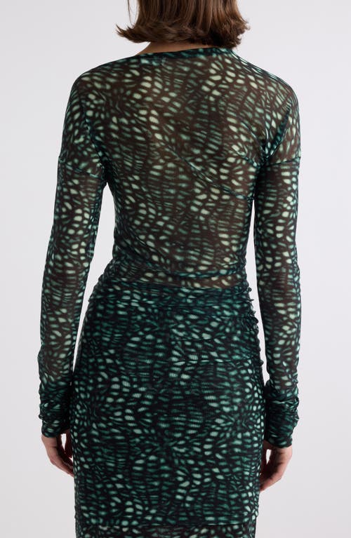 Dries Van Noten Hoan Print Ruched Mesh Top In Malachite