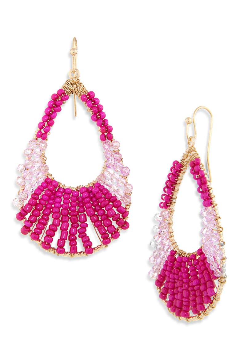 Beaded Drop Hoop Earrings, Main, color, FUCHSIA