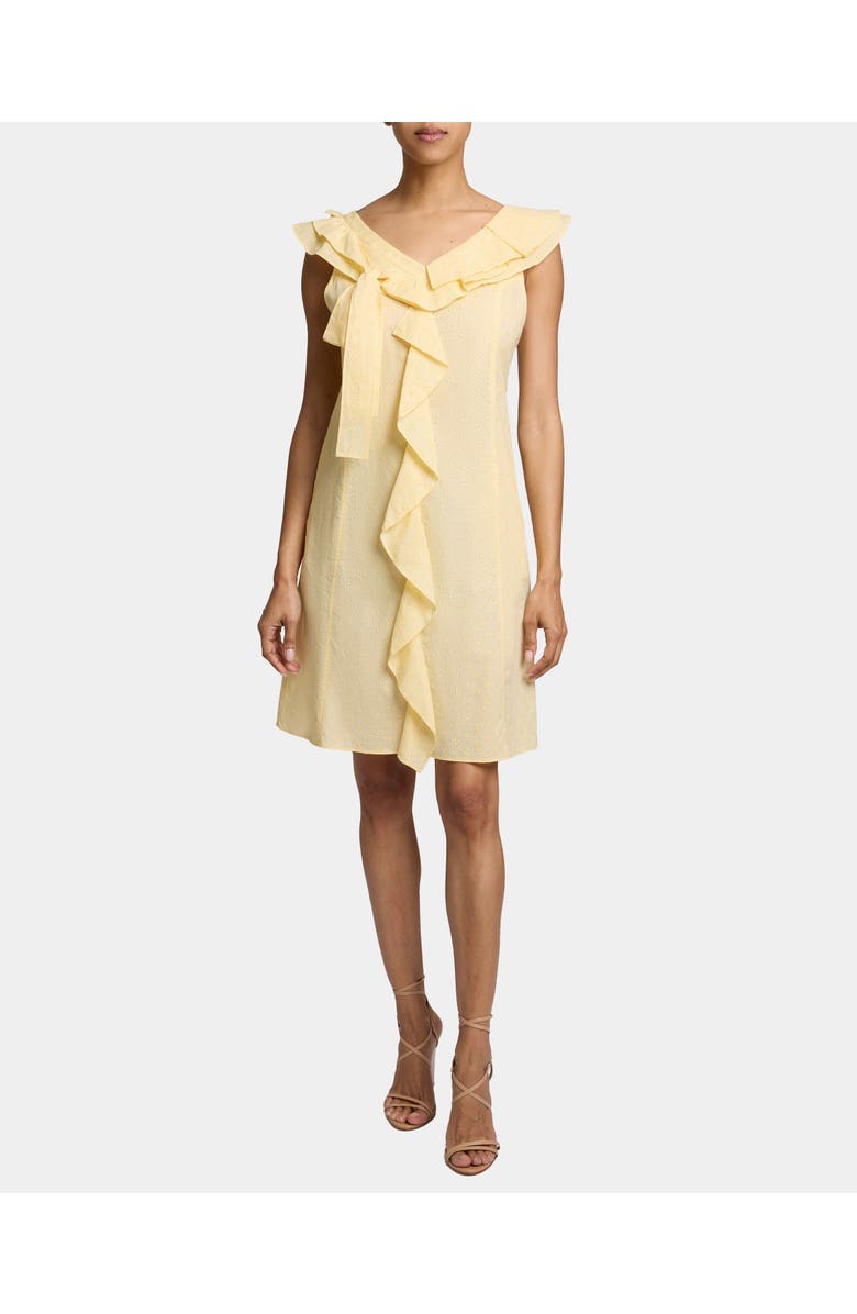 Santorelli SILVI Short Cap Sleeve Shift Dress with Ruffle Panels in Lightweight Stretch Cotton, Main, color, Chamomile