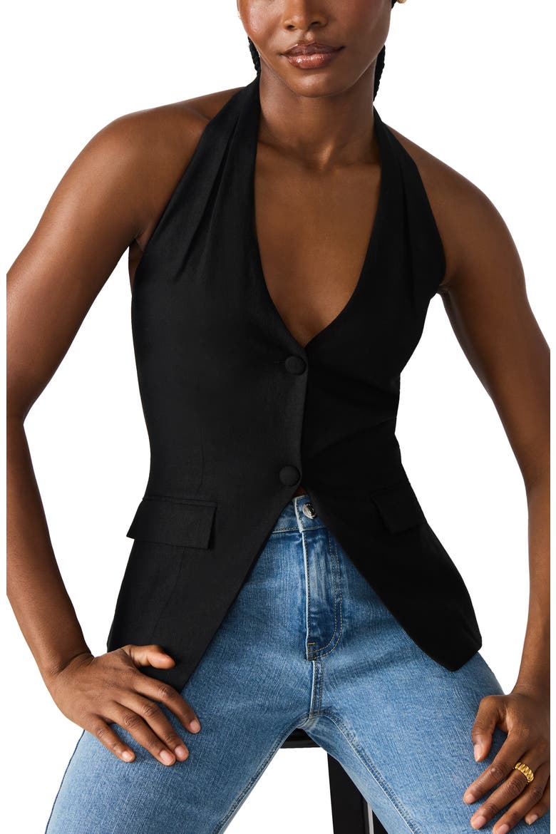 Brielle Linen Blend Halter Vest, Alternate, color, BLACK