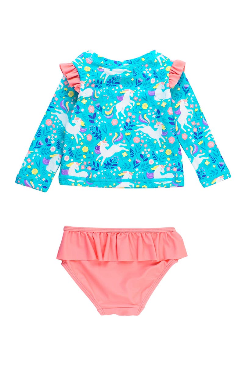 RuffleButts Baby/Toddler Girls UPF50+ Sun Protected Skirted Flutter Long Sleeve Rash Guard Bikini, Alternate, color, Bright Aqua Unicorn Meadow