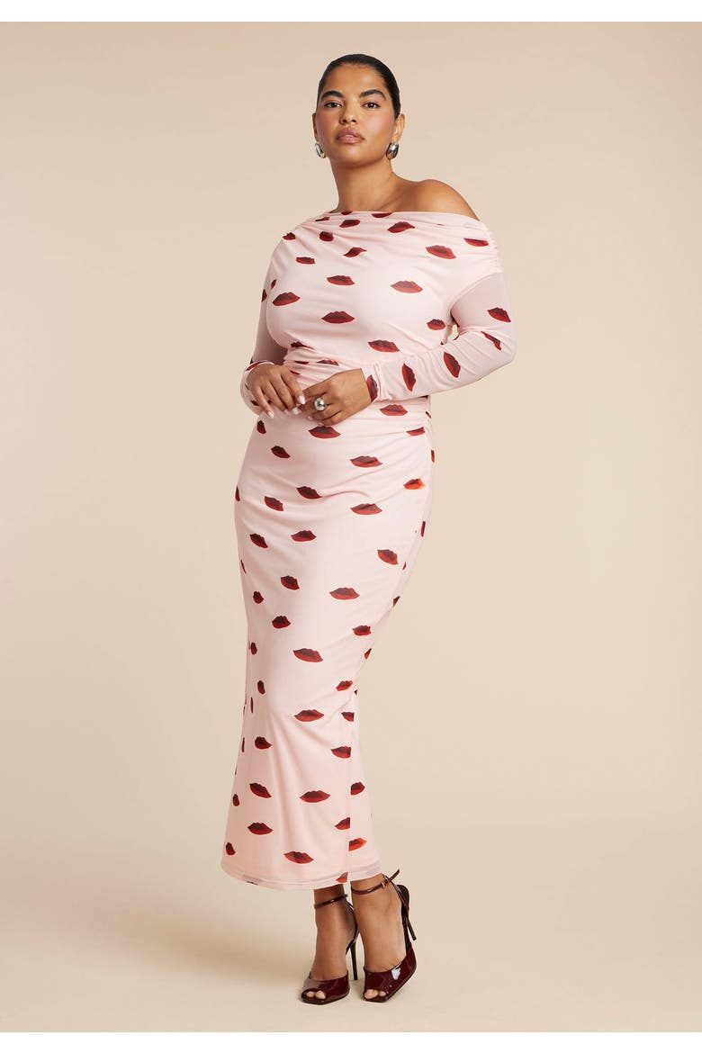 Asym Neck Printed Mesh Dress, Alternate, color, ROUGE LOVERS