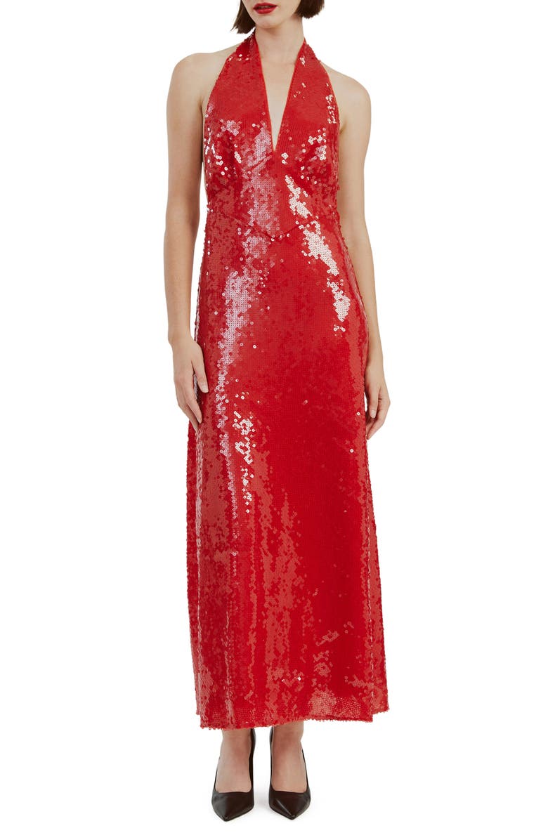 Bardot Freja Sequin Open Back Halter Maxi Dress, Main, color,