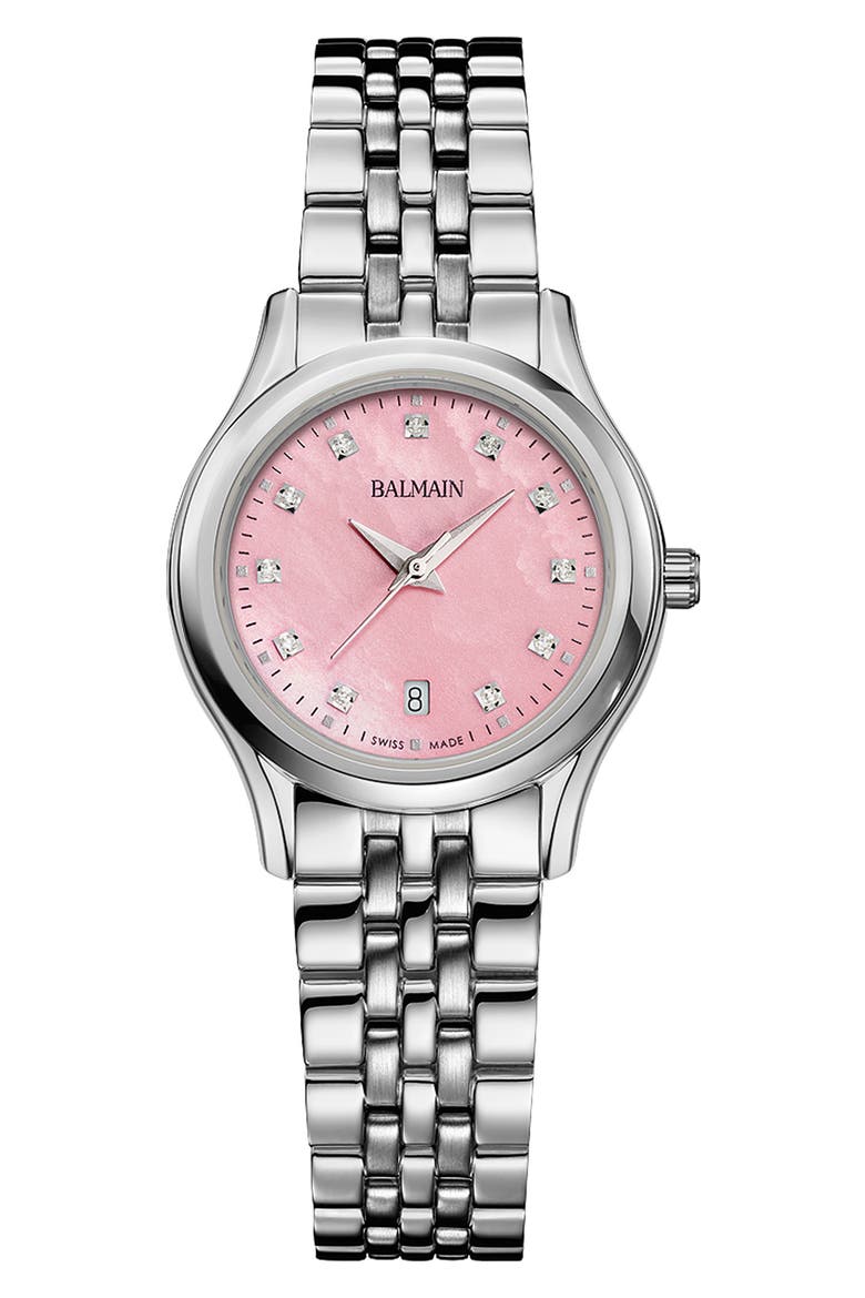 Beleganza Diamond & Mother-of-Pearl Bracelet Watch, 27.5mm, Main, color, PINK MOP STAINLESS STEEL