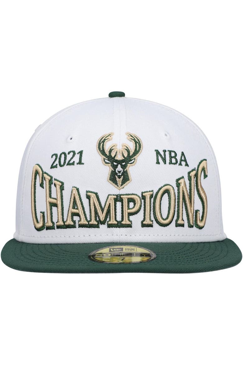Men's New Era White/Hunter Green Milwaukee Bucks Arch Champs 59FIFTY Fitted Hat, Alternate, color, White