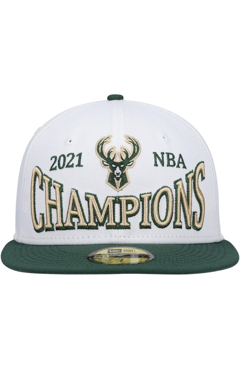 New Era Men's New Era White/Hunter Green Milwaukee Bucks Arch Champs 59FIFTY Fitted Hat, Alternate, color, 