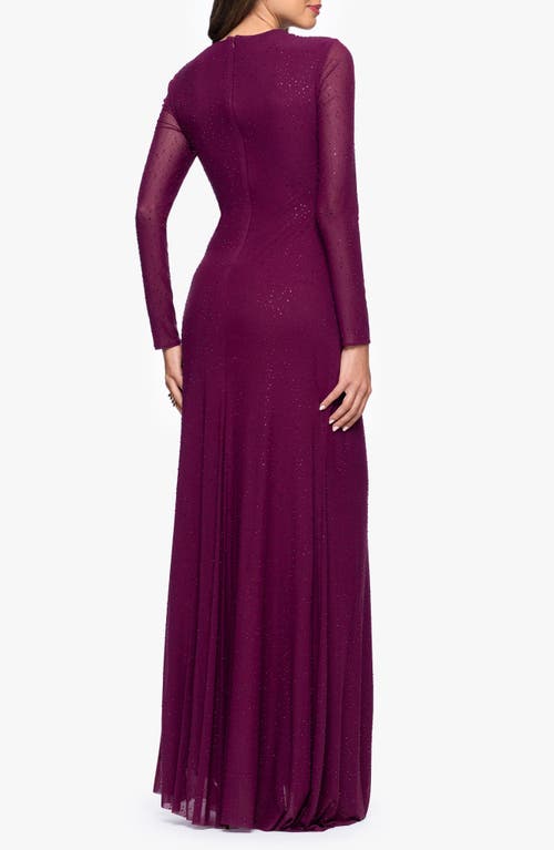 Betsy & Adam "callie" Mesh Cutout Embellished Long Sleeve Floor Length Dress In Purple