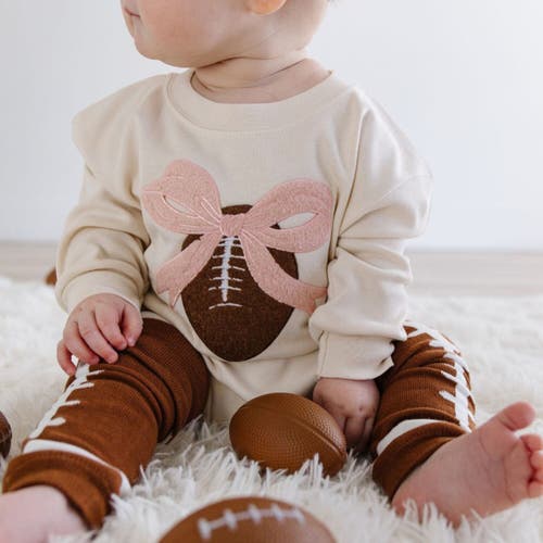 Sweet Wink Bow Football Patch Long Sleeve Romper In Neutral