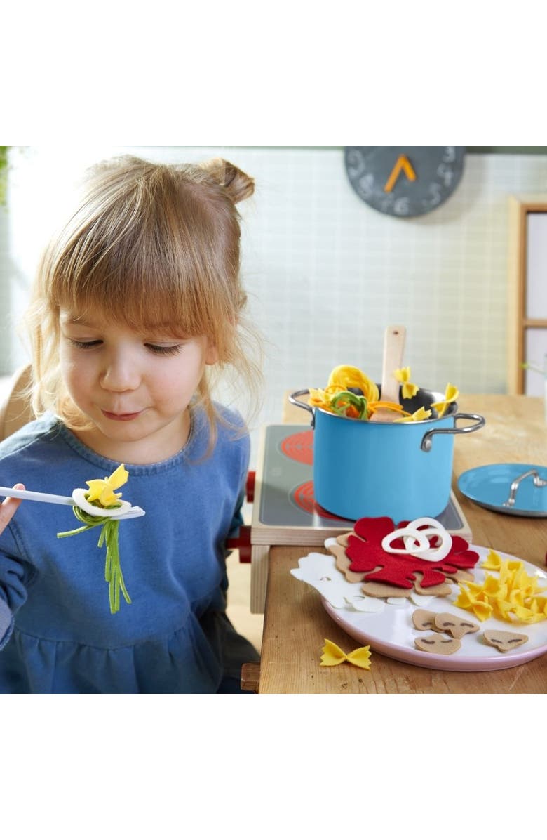 HABA Felt Pasta Cooking Set with Metal Pot & Toppings, Pretend Play Kitchen Toy for Kids & Toddlers 3 Years and Up, Alternate, color, 
