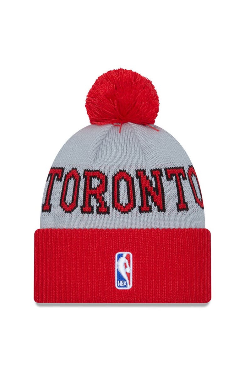 New Era Men's New Era Red/Gray Toronto Raptors Tip-Off Two-Tone Cuffed Knit Hat with Pom, Alternate, color, Red