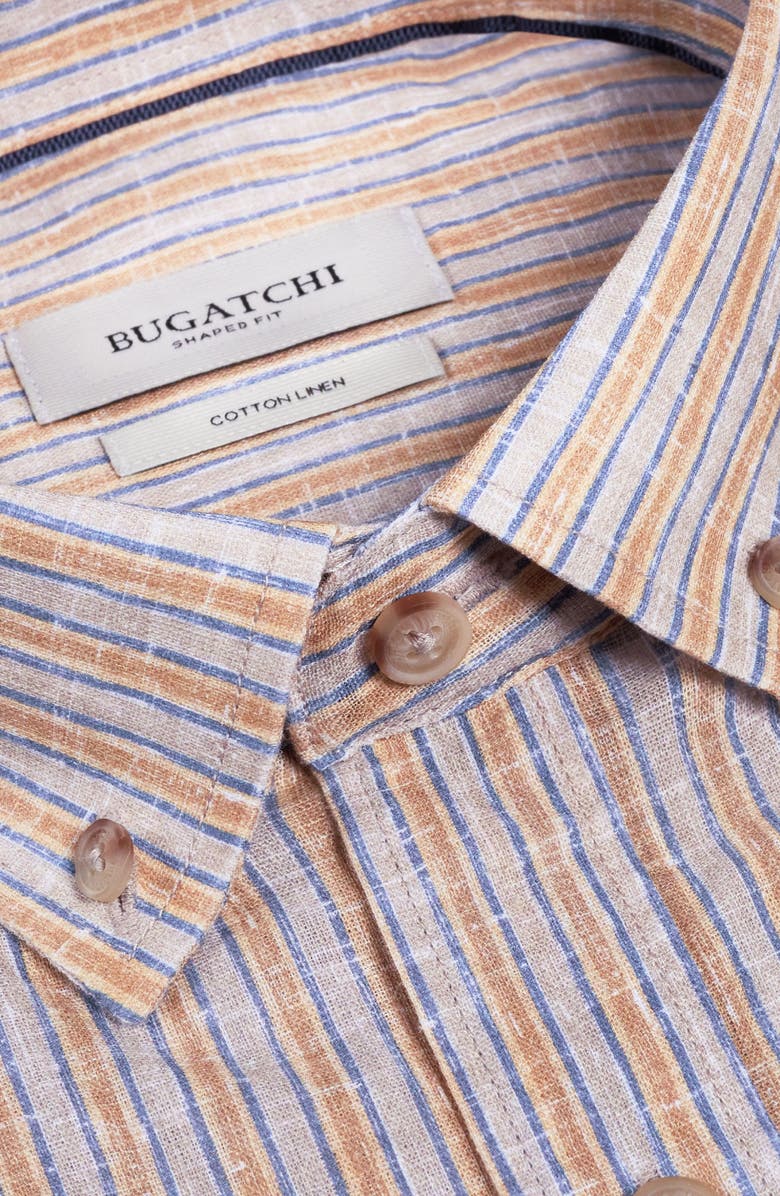 Bugatchi Austin Shaped Fit Stripe Cotton & Linen Button-Down Shirt, Alternate, color, Desert