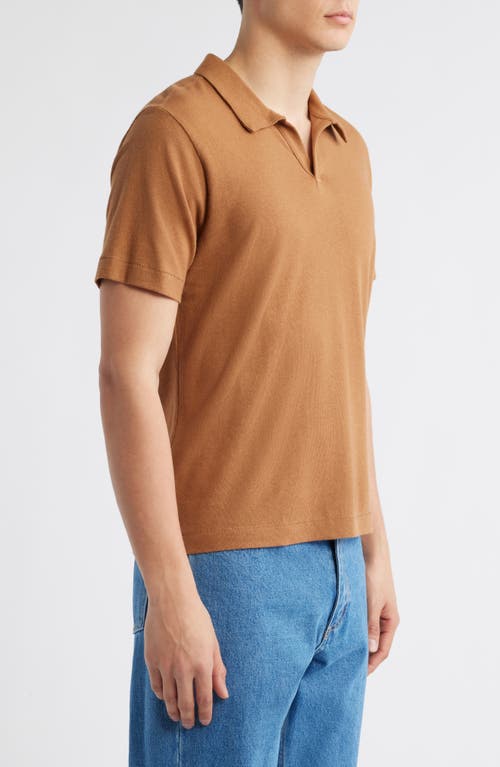 Merz B Schwanen Johnny Collar Linen & Organic Cotton Polo In Brown