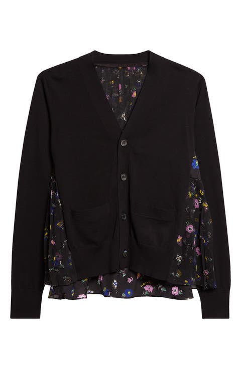 Mixed Media Pleated Floral Chiffon & Knit Cardigan
