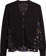 Sacai Mixed Media Pleated Floral Chiffon & Knit Cardigan
