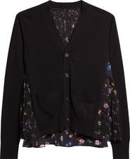 Sacai Mixed Media Pleated Floral Chiffon & Knit Cardigan