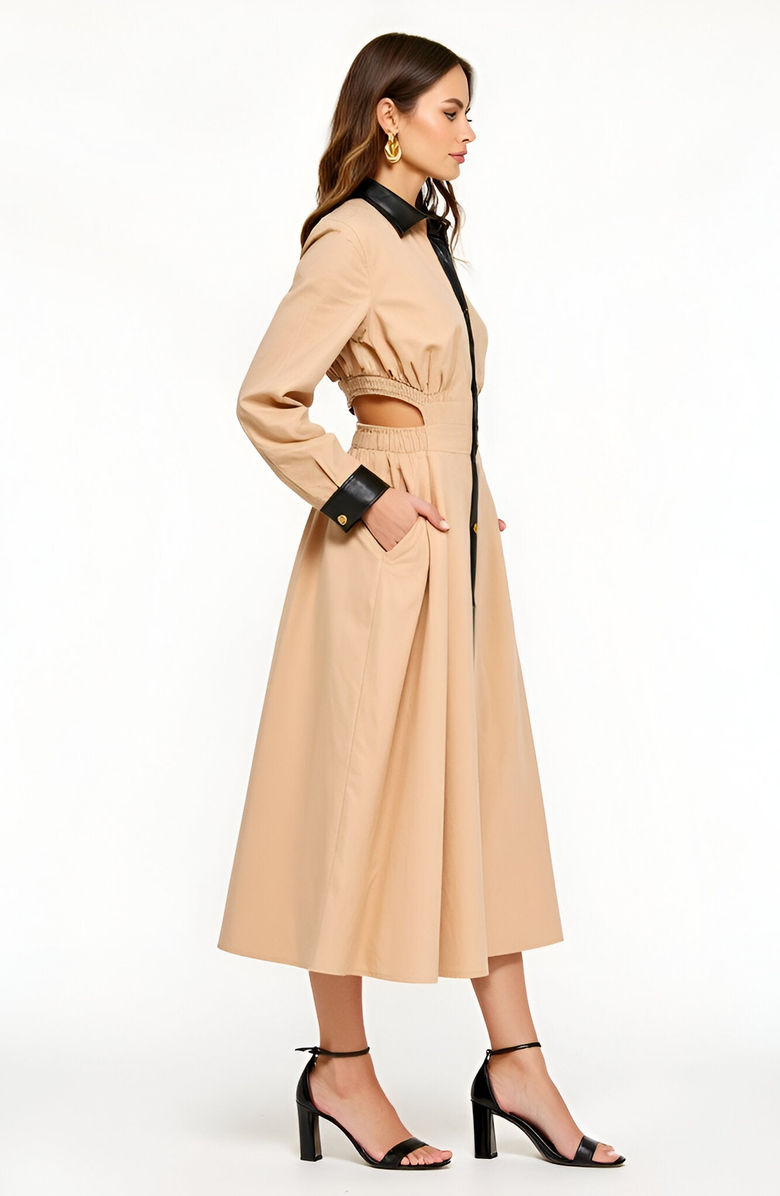 Modenaire Long Sleeve Midi Shirt Dress with Faux Leather Trim and Side Pockets, Alternate, color, 