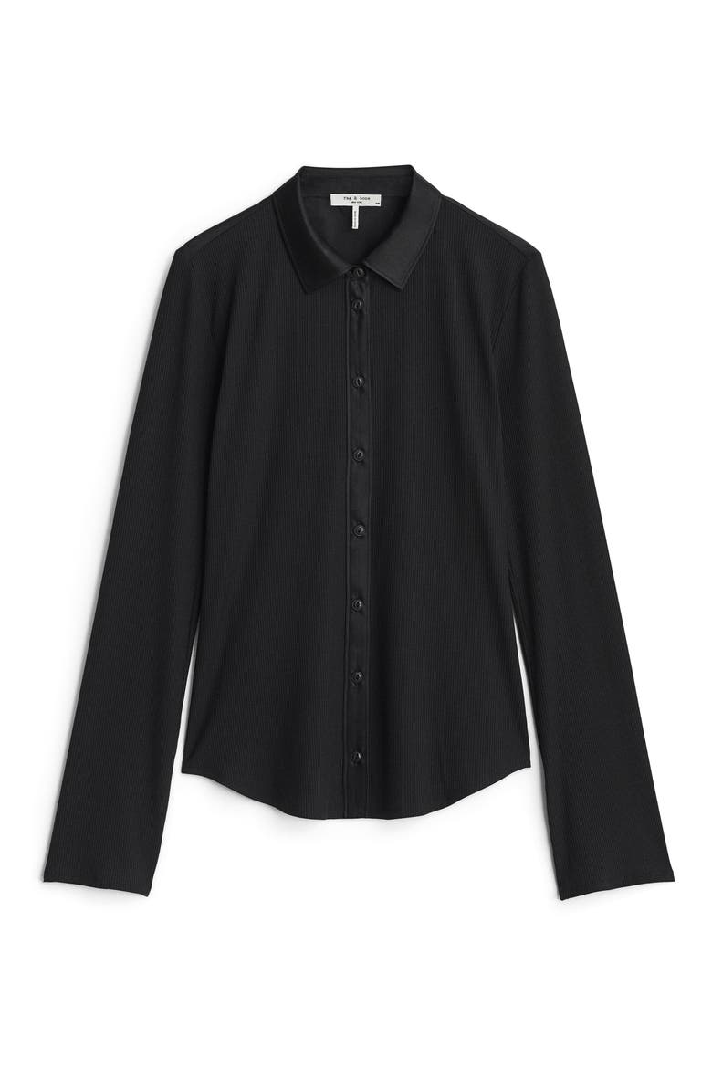 The Ribbed Mixed Media Button-Up Shirt, Main, color, BLACK