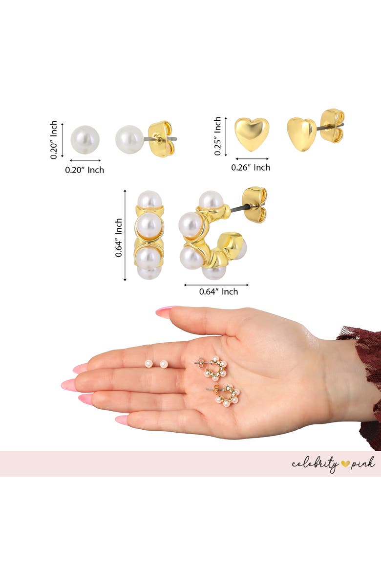 Womens Earrings Gold-Tone 6-Pack, Faux Pearl Studs and Hoops | 6-Pack, Faux Pearl Accents, Yellow Gold Tone, Heart Earrings, Feminine Jewelry, Alternate, color, Gold-Tone