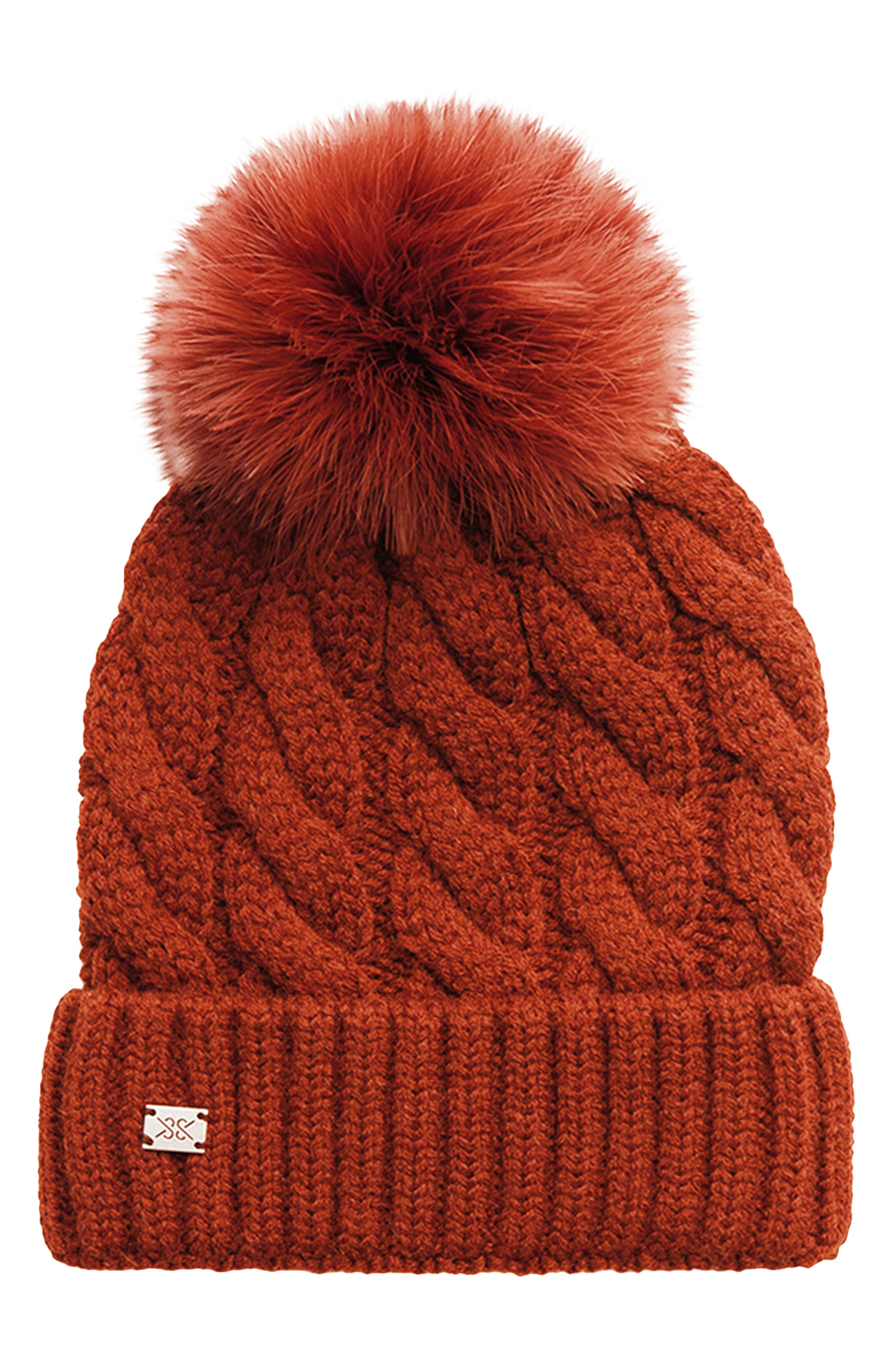 Soia & Kyo Amalie Wool Blend Cable Knit Pom Beanie in Copper 