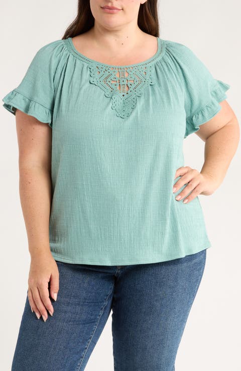 Embellished Yoke Flutter Sleeve Top (Plus)