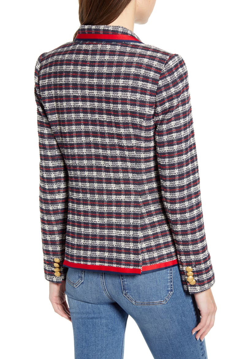 Satin Trim Plaid Tweed Blazer, Alternate, color, BLUE NIGHT