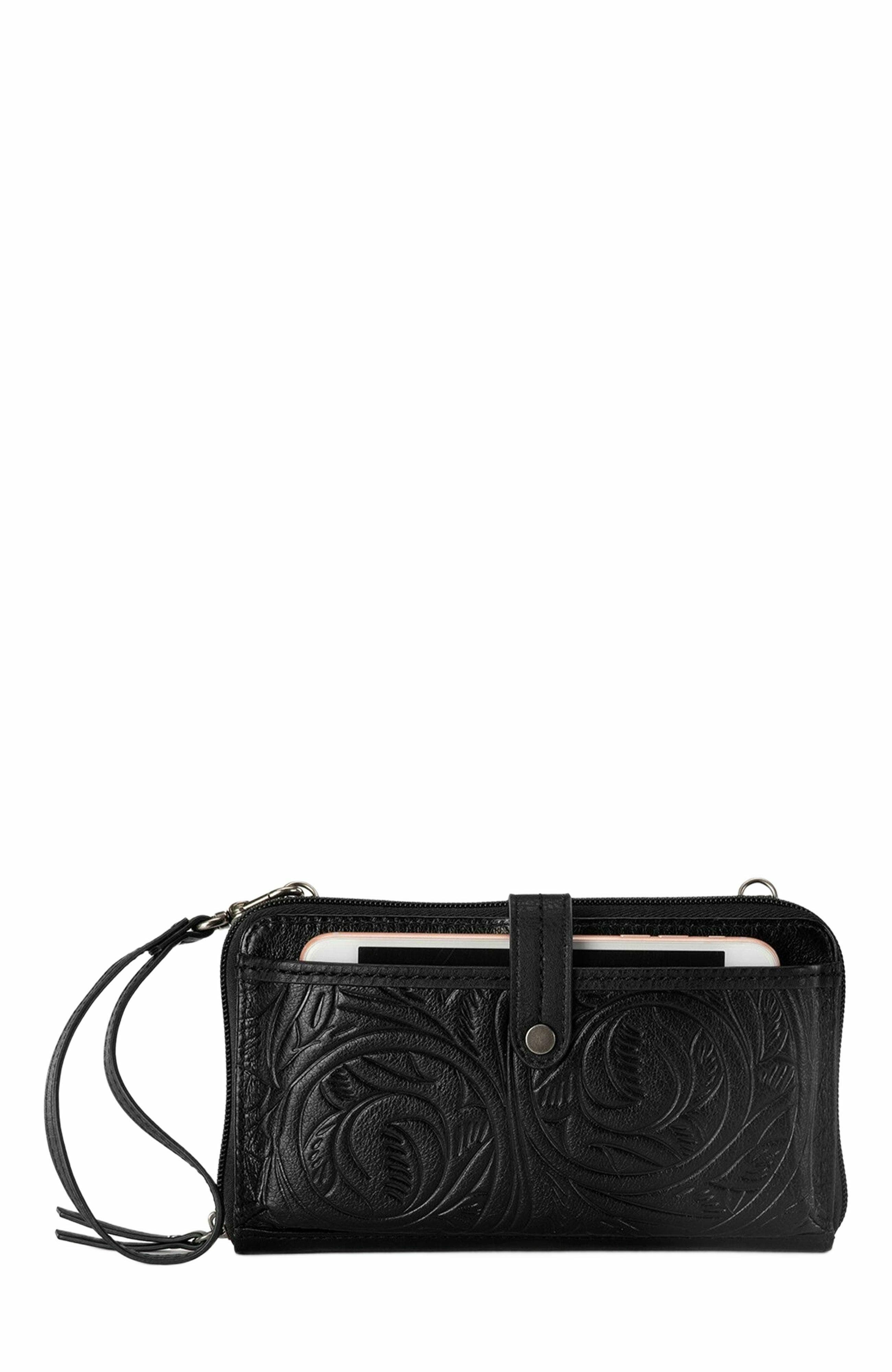 The Sak Iris Smartphone Crossbody Bag, Alternate, color, Black Leaf Emboss