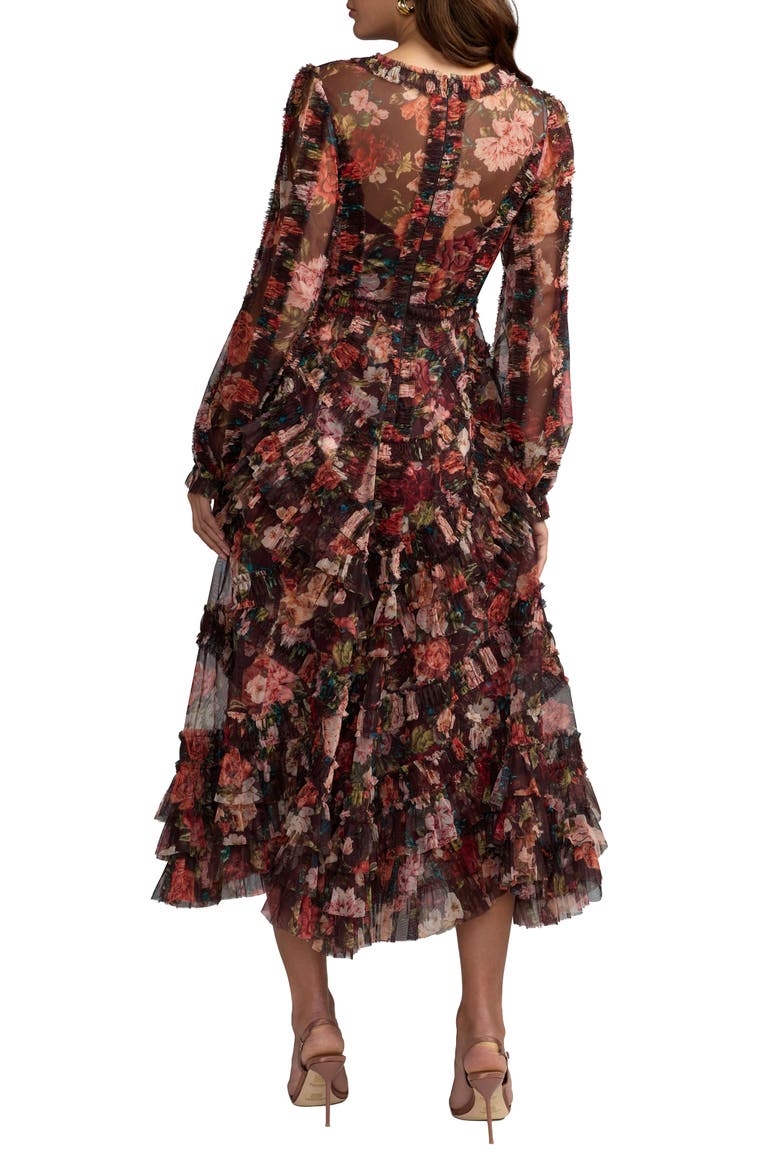 Multicolor Floral Long Sleeve Mirco Ruffle Midi Dress, Alternate, color, Chocolate Multi