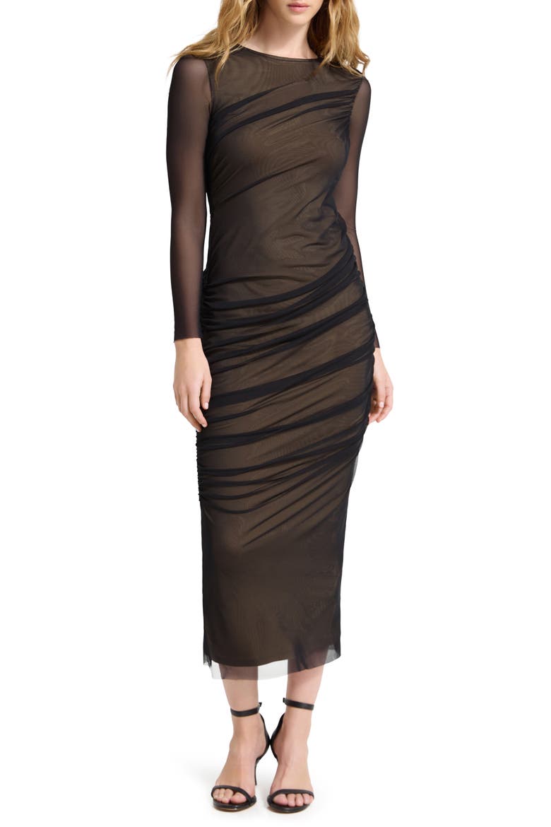 Gia Long Sleeve Mesh Maxi Dress, Main, color, BLACK AND SAND