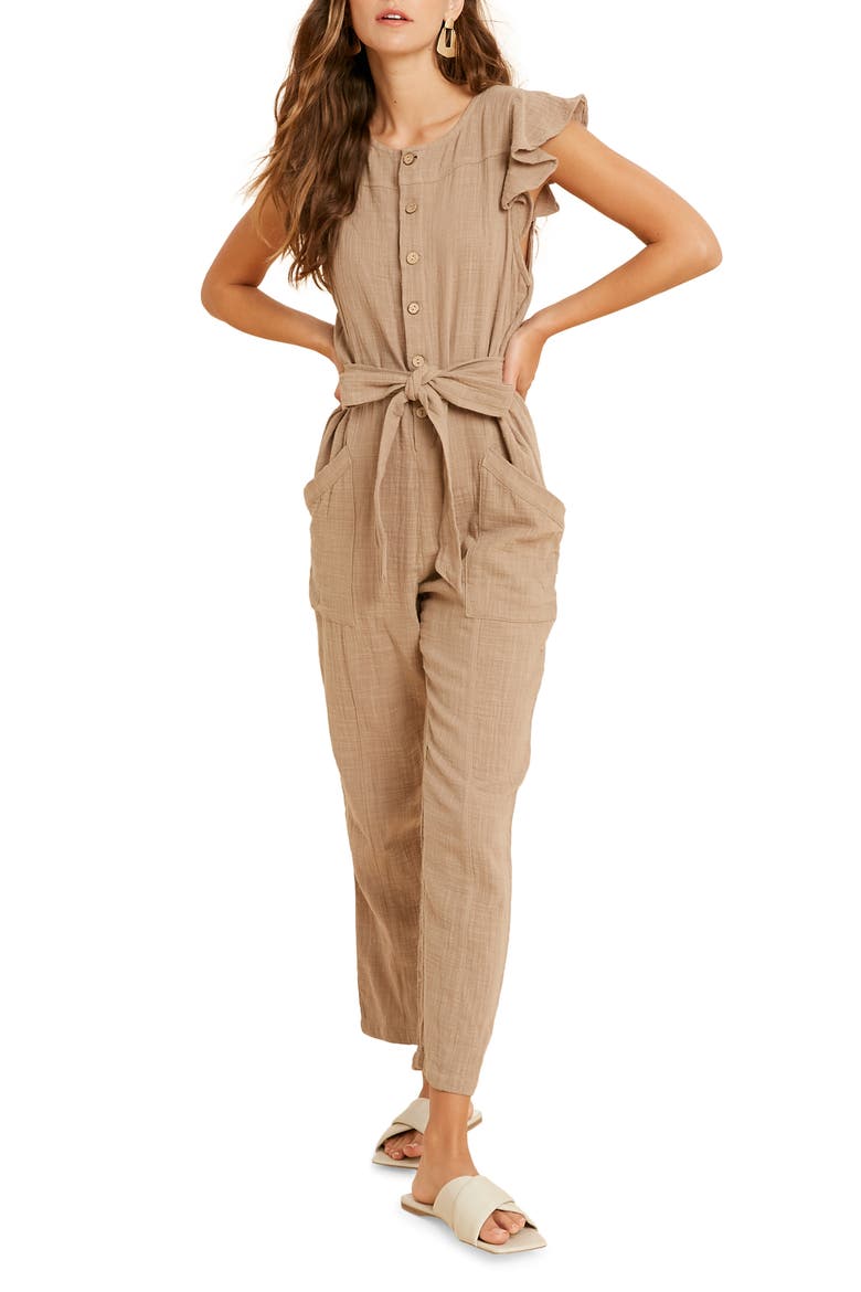 Cotton Flutter Sleeve Jumpsuit, Main, color, TAUPE