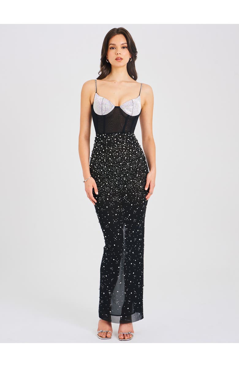 Miss Circle Jimena Crystal Embellished Back Slit Maxi Dress, Alternate, color, Black