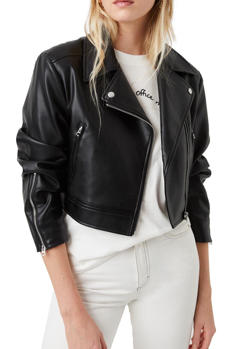Crolenda Faux Leather Crop Biker Jacket, Main, color, BLACK
