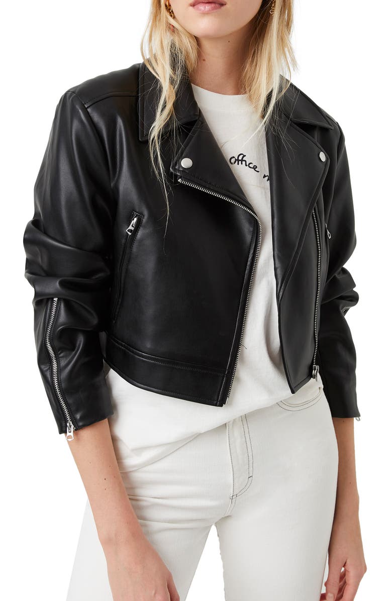French Connection Crolenda Faux Leather Crop Biker Jacket, Main, color,
