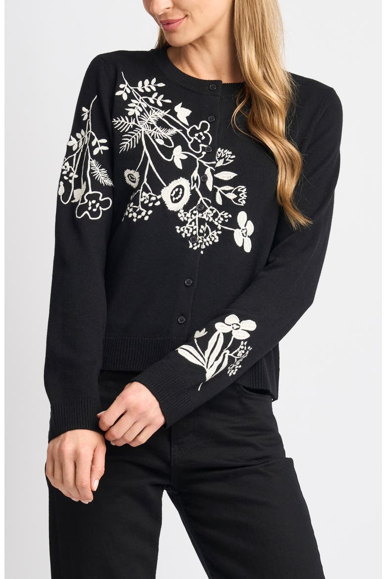 Embroidered Floral Button Front Cardigan, Main, color, RICH BLACK